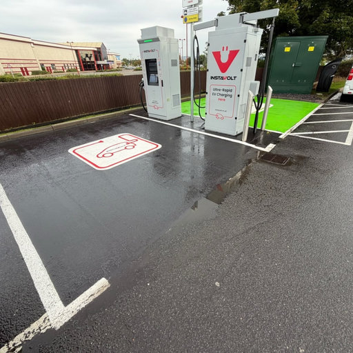 InstaVolt ultra rapid EV chargers at Phoenix Retail Park, Paisley, with a clearly marked green EV charging bay near McDonald's.